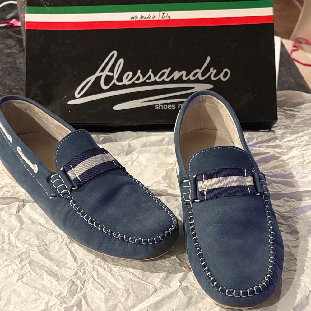 Alessandro Navy Blue Men's Loafers with Striped Detail.